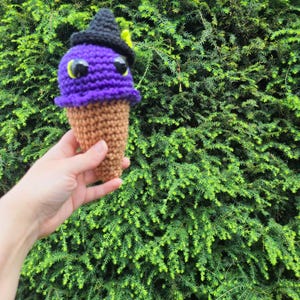 May include: A handmade crochet ice cream cone with a purple scoop, brown cone, and black witch hat. The ice cream has large googly eyes and a small yellow accent. The background is a dense green hedge.
