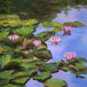 Water Lilies Oil Painting Pink Flowers Modern Wall Art // 20x20” Canvas