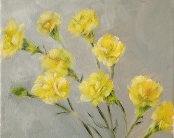 Carnations Oil Painting Yellow Flower Modern Wall Art Original // 8x8” Canvas