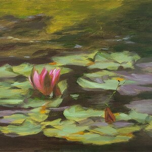 Pink Water Lily Oil Painting Modern Wall Art, Original // 12x16” Canvas