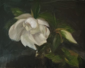 Fleurs, peinture à l'huile, magnolia blanc sur fond sombre, art mural moderne//toile 12 x 16 po.