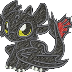 May include: Black and red cartoon dragon with a yellow eye. The dragon is sitting on its hind legs with its wings spread out behind it.