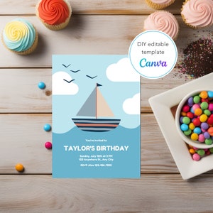 Sailboat Birthday Card, Sailboat Birthday Party Invite, Ocean Birthday Party, Baby 1st Birthday Invite, Sailboat Birthday Party Theme