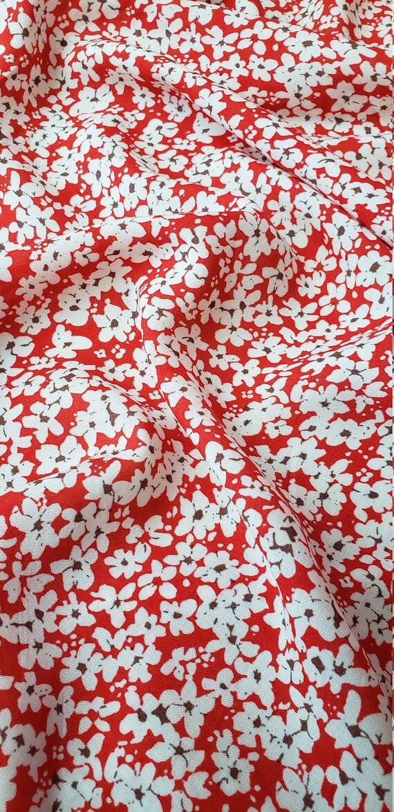 Rayon challis fabric by the yard. Red and white. Tiny flowers. Etsy