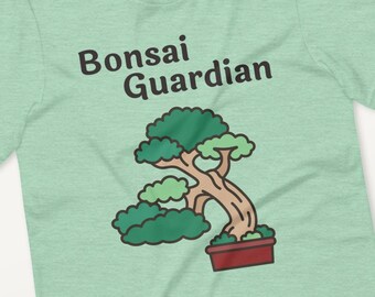May include: A light green t-shirt with the text "Bonsai Guardian" and a cartoon image of a bonsai tree in a pot.