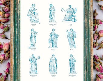 Nine Muses Wall Art | Greek Mythology, Coquette Room Decor, Altar Goddess, Goddess Art Print, Antique Bookplate, The Muses Print