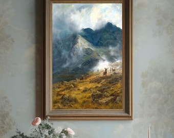 Schottische Highlands Hirsch Wand Kunst | Antike Malerei, Outlander, Poster, Landschaft, Vintage, Scotland Decor, Edinburgh, Inverness
