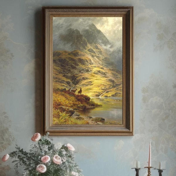Scottish Highlands Stag Wall Art Print | Antique Painting, Outlander, Poster, Landscape, Vintage Art, Scotland Decor, Edinburgh, Inverness