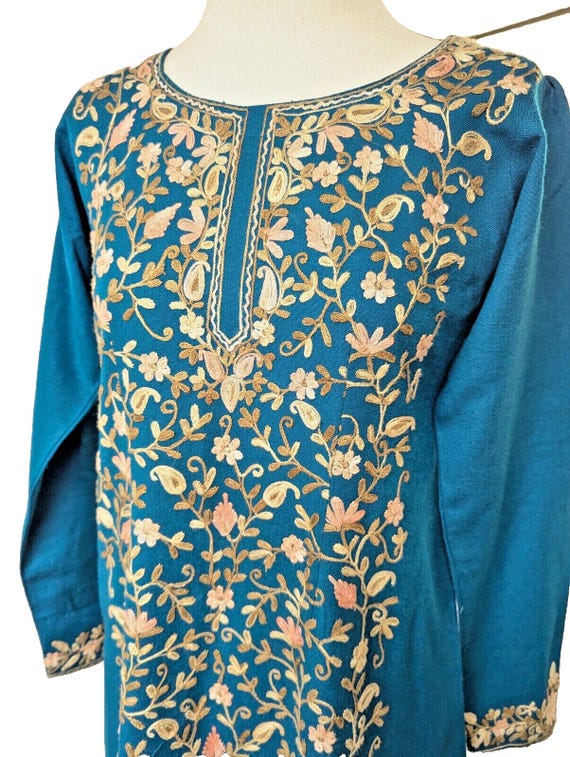 Vintage 1970s Indian Desi Embroidered Wool Blend Tunic Dress, Size S