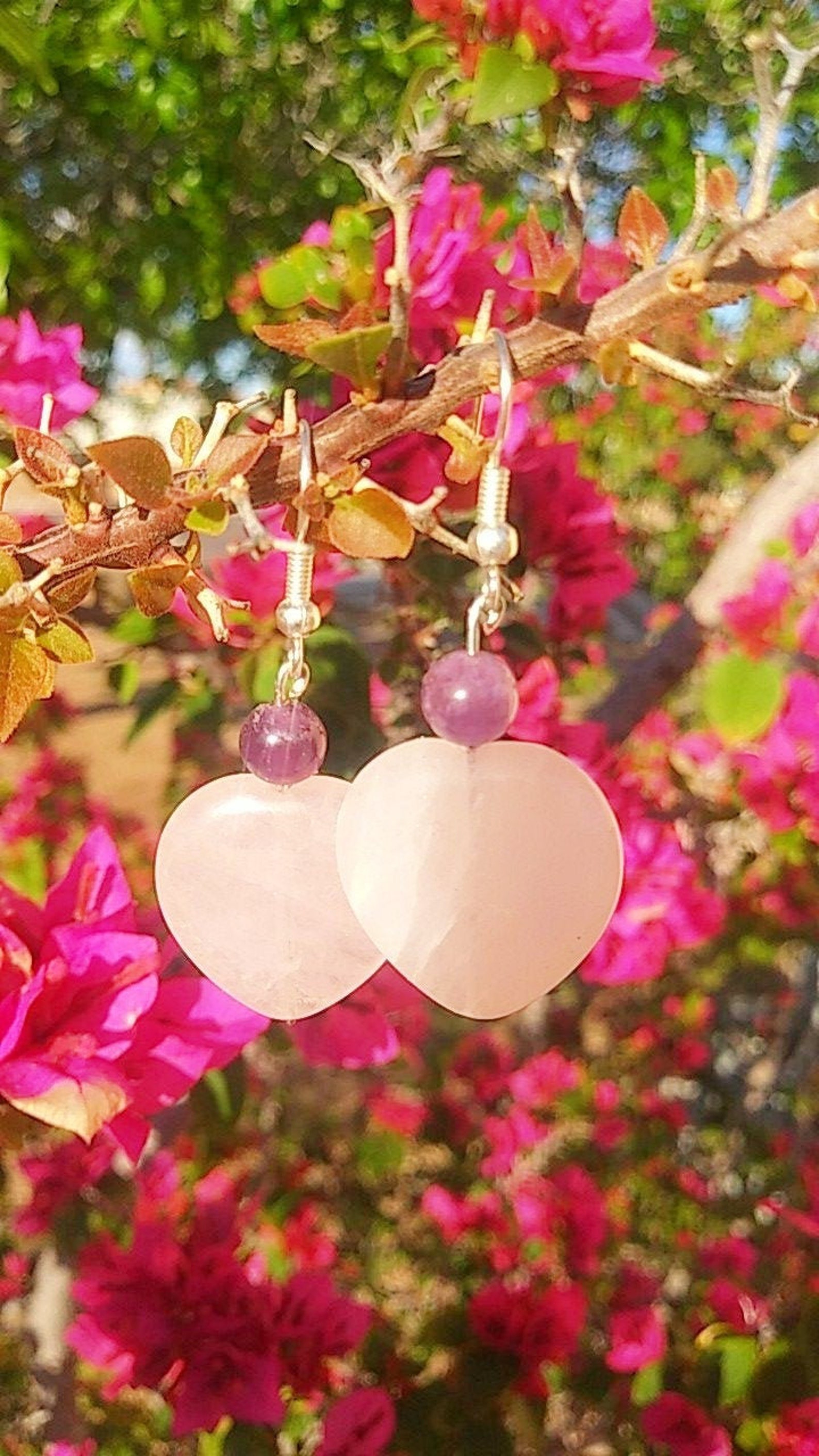 Rose Quartz heart earings w/ amethyst crystal/fully charge Etsy