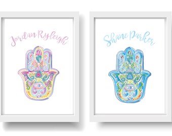 Personalized Twin Hamsa Print – Baby Shower Gift (Digital Download) Pink & Blue Original Artwork! Hanukkah Gift, Baby Shower, Holiday Gifts!