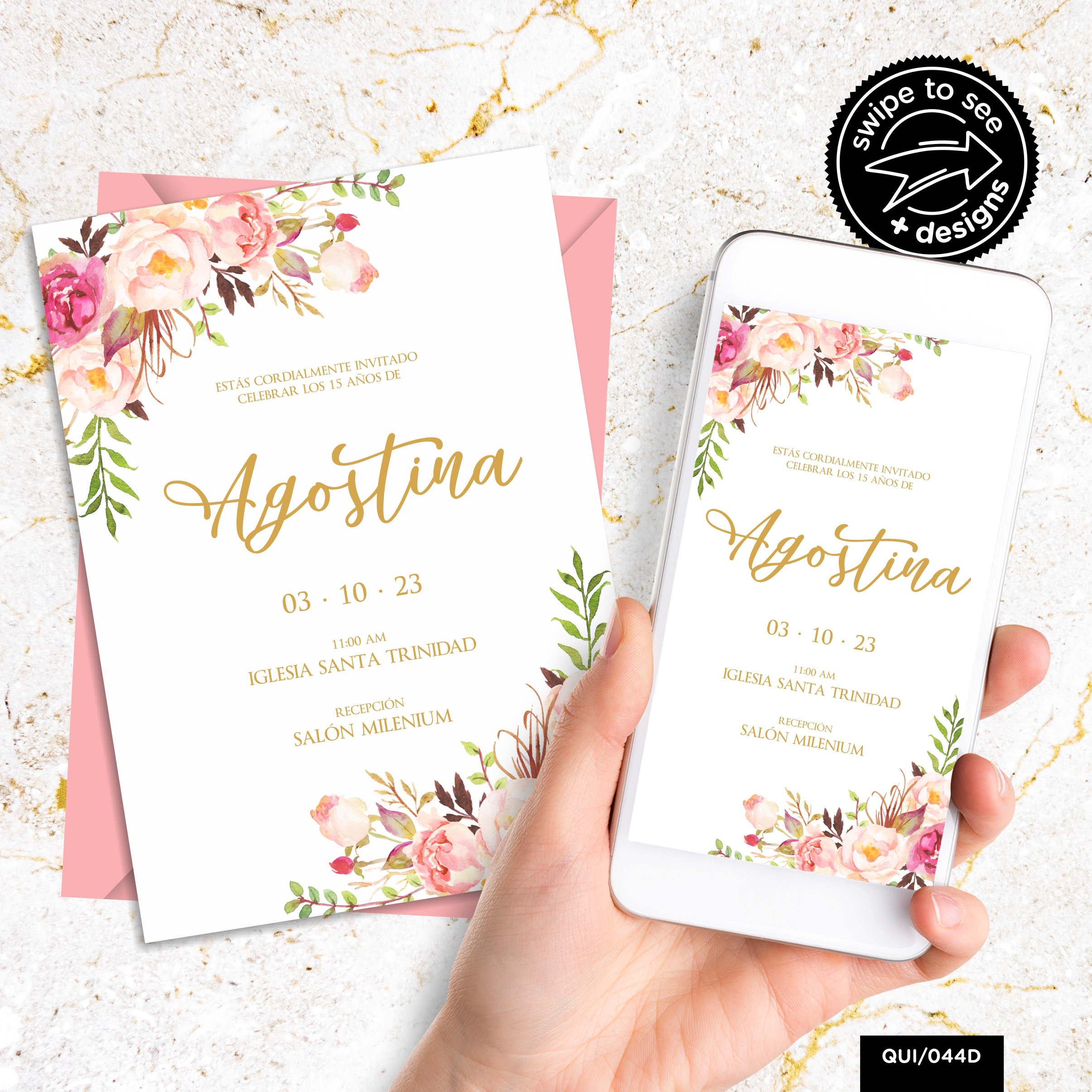 Digital Invitation 15 Years Pink Flowers Elegant Electronics ...