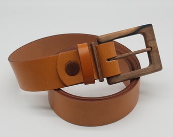Sagarmatha Brave 408, Leather casual belt, for men and women, biodegradable belt with wooden buckle