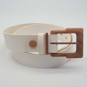 Powell Pride 422: White Biodegradable Leather Belt, Handmade Belt with Wooden Buckle