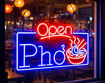Open Pho Vietnam Noodles Ultra-Bright LED Sign with Remote (Neon-Style, LED Technology)