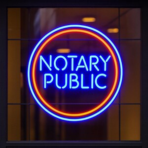 May include: A circular neon sign displaying the words NOTARY PUBLIC in bright blue lettering. The text is enclosed within a dual-ring border featuring an inner orange circle and an outer blue circle, mounted against a dark window pane.