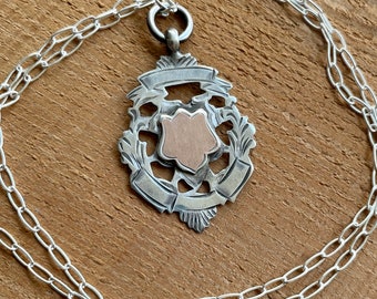 Sterling Pocket Watch Fob on New Sterling Silver Chain; Rose Gold on Etched Silver Fob Pendant Necklace