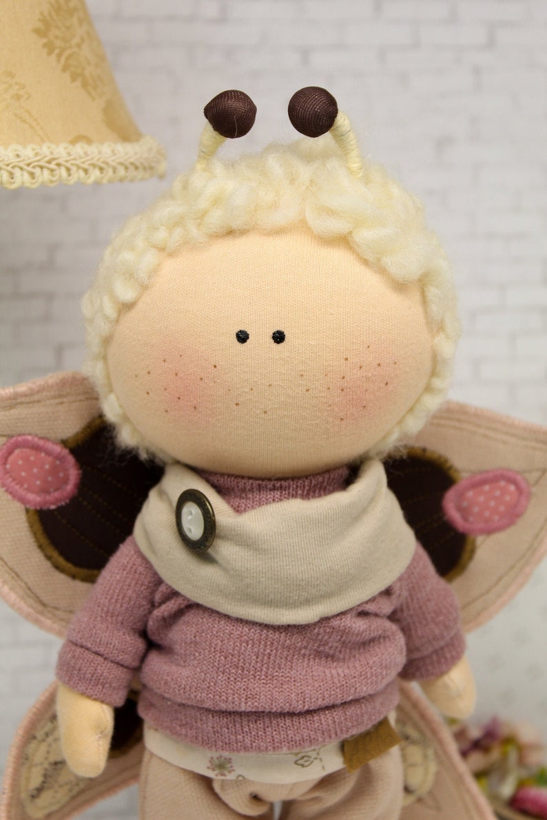 Butterfly fabric doll with wool hair, handmade cotton soft sculpture