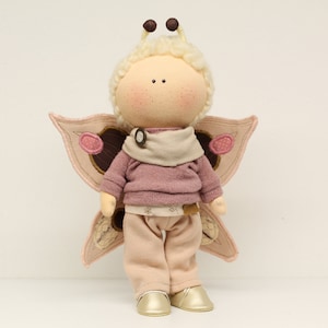 Handmade cloth doll Butterfly, 25 cm cotton Tilda-style doll with wool hair, one of a kind, Boutique Miss Doll Montreal
