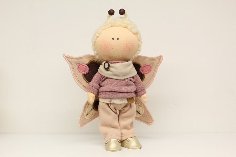 Handmade cloth doll Butterfly, 25 cm cotton Tilda-style doll with wool hair, one of a kind, Boutique Miss Doll Montreal