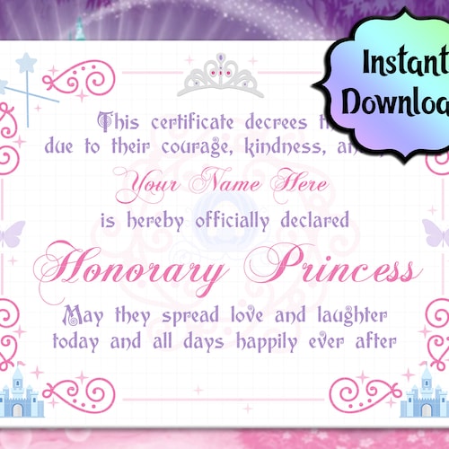 Printable Princess Certificate INSTANT DOWNLOAD - Etsy