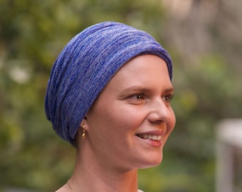 Denim Blues Turban/Head Wrap - Alopecia & Chemo Head Cover, Comfy Soft Full Head Scarf, Hair Loss Headwear, Canadian Orders Ship from Canada