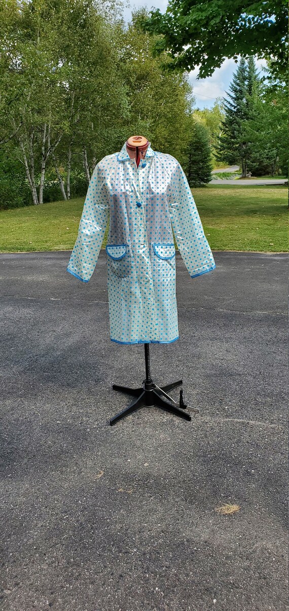 1960s Clear Vinyl Raincoat / Blue Polka Dots / Diz