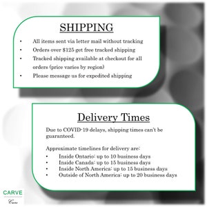 Op de afbeelding: Afbeelding met tekst over verzending en levertijden. De tekst bevat informatie over briefpost, tracking en geschatte levertijden voor Ontario, Canada, Noord-Amerika en daarbuiten.