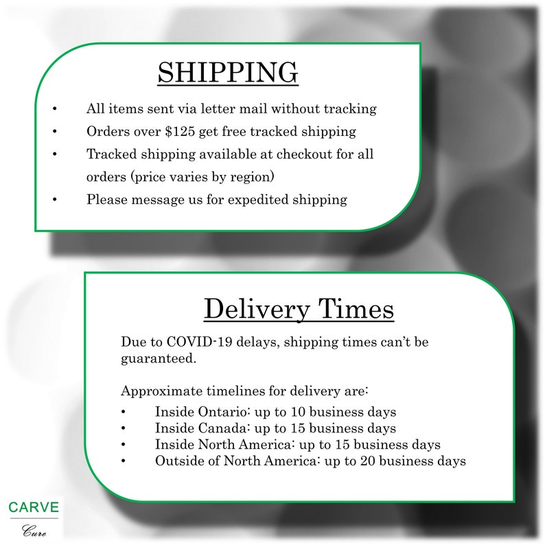 Op de afbeelding: Afbeelding met tekst over verzending en levertijden. De tekst bevat informatie over briefpost, tracking en geschatte levertijden voor Ontario, Canada, Noord-Amerika en daarbuiten.