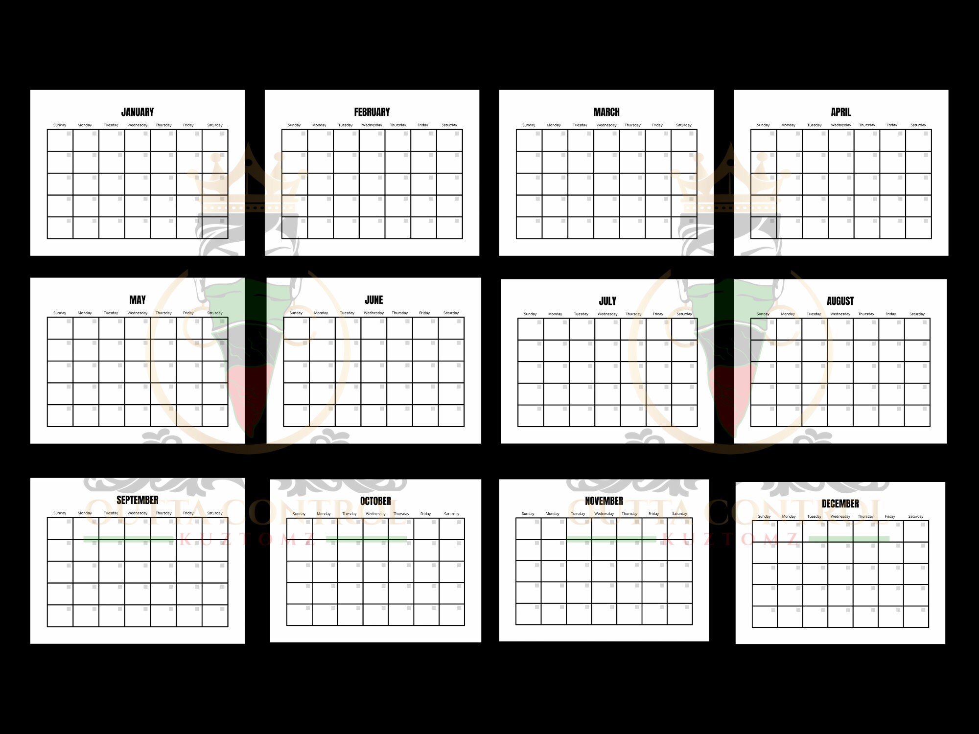 Blank 12 Month Calendar Printable Jpeg and PDF Format Etsy
