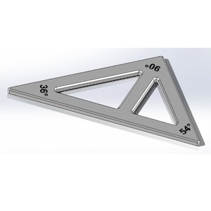 May include: A silver metal triangle ruler with three angles marked 36°, 54°, and 90°.