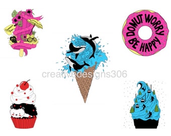 creativedesigns306 coloured svg bundle. Whale cone. Summertime popsicle. Red cupcake. Donut worry. Skiing cone.