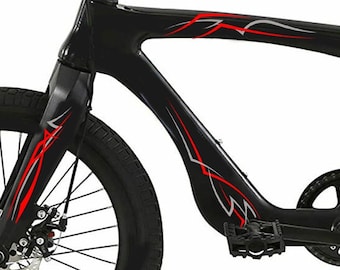 May include: A black bicycle featuring a sleek frame with red and silver graphic accents. The bike includes a black seat, handlebars with grips, a chain, and disc brakes on the wheels. A logo in the top right corner displays the text Mad Maiden.