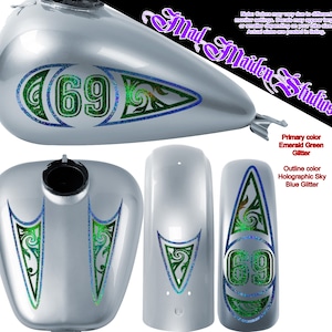 Motorcycle gas tank and fender decal set, Retro bobber style, for Honda, Harley, Victory, Yamaha, BMW, Kawasaki, Suzuki, Ducati