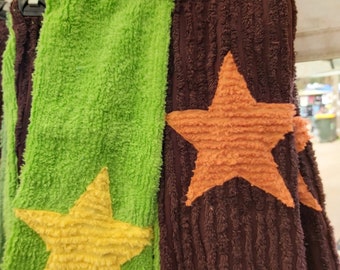 Kids chenille star pants for children sizes 0 - 12.  brown, lime, orange, yellow, stars