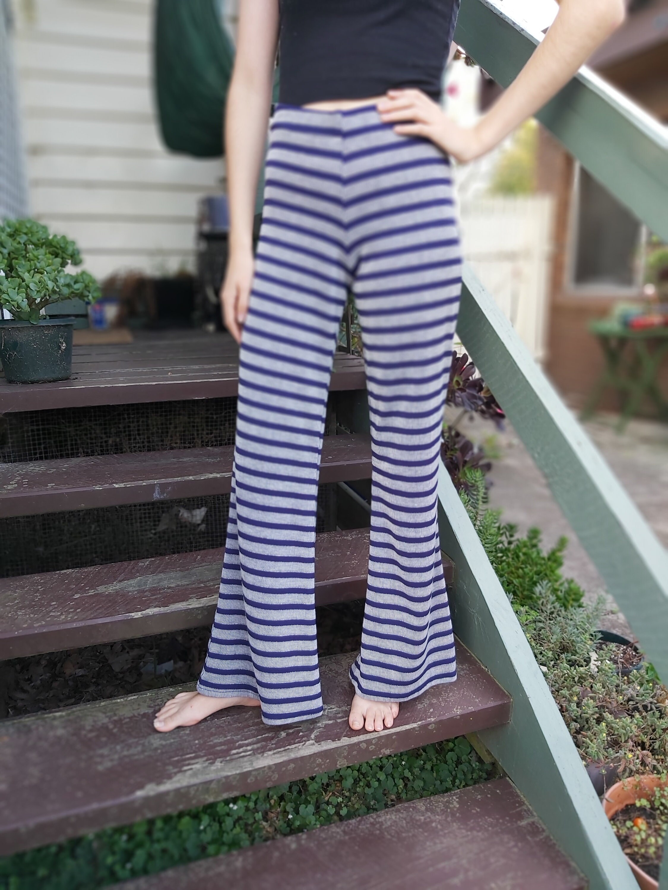 Women's Blue Lurex Flares. Kat Pants 