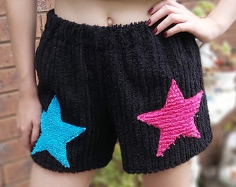 Womens Chenille Shorts with star detail. Black, purple, teal, brown, pink. Beach, casual wear, festivals.