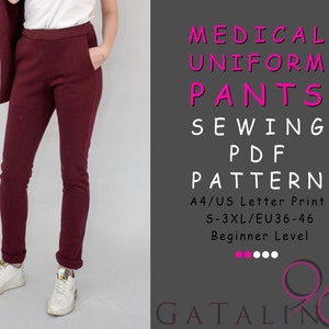 May include: A sewing pattern for medical uniform pants. The pattern is available in sizes S-3XL (EU36-46) and is printed on A4/US Letter paper. The pattern is for beginner sewers.