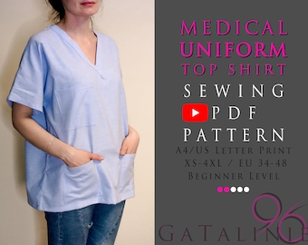 Unisex Arztuniform Top Shirt * Kurze Ärmel Taschen * Krankenschwester Scrubs * Digitaler pdf Schnittmuster Download * Letter/A4 * XS-4XL/EU 34-48