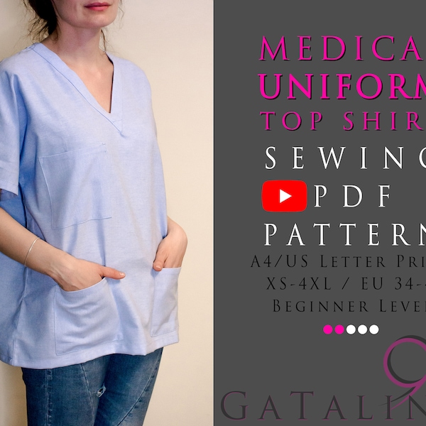 Unisex Medical Uniform Top Shirt * Short Sleeves Pockets * Nurse Scrubs * Digital pdf Sewing Pattern Download * Letter/A4 * XS-4XL/EU 34-48