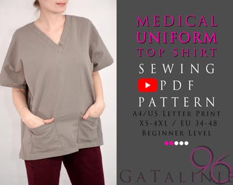 Krankenschwester Scrubs * Arztuniform * Kurze Ärmel Taschen * Arzthemd * Digitaler pdf Schnittmuster Download * Letter/A4 * XS-4XL/EU 34-48