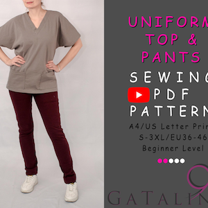 Top e calça de enfermeira * Terno de uniforme médico * Mangas curtas Bolsos * Download de molde de costura em PDF digital * Carta/A4 * S-3XL/UE 36-46