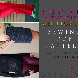 May include: A digital download for a sewing pattern bundle of trousers, skirt, and blouse. The pattern is available in sizes S-XXL (EU 36-44) and is printed on A4/US Letter paper. The text "BUNDLE PANTS SKIRT BLOUSE GET 3 FOR LESS SEWING PDF PATTERN A4/US LETTER PRINT S-XXL / EU 36-44 GATALINLE" is displayed on a grey background.