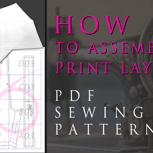 K&ouml;nnte beinhalten: Ein Diagramm, das zeigt, wie man ein PDF-Schnittmuster-Drucklayout zusammensetzt. Das Diagramm zeigt ein Schnittmuster mit verschiedenen Abschnitten, die mit A01, A02, A03, B01, B02, C01, C02, C03, D01, D02 und D03 beschriftet sind. Der Text "HOW TO ASSEMBLE PRINT LAYOUT PDF SEWING PATTERN" wird in rosa Buchstaben auf einem Hintergrundbild einer Vintage-N&auml;hmaschine angezeigt.