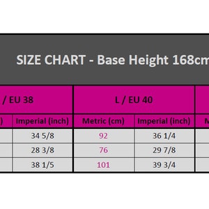 K&ouml;nnte beinhalten: Gr&ouml;&szlig;entabelle f&uuml;r Kleidung mit Ma&szlig;en in Zoll und Zentimetern. Die Tabelle zeigt die Brust-, Taillen- und H&uuml;ftma&szlig;e f&uuml;r die Gr&ouml;&szlig;en S, M, L, XL und XXL. Die Basisgr&ouml;&szlig;e betr&auml;gt 168 cm (5'6").
