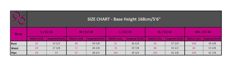 K&ouml;nnte beinhalten: Gr&ouml;&szlig;entabelle f&uuml;r Kleidung mit Ma&szlig;en in Zoll und Zentimetern. Die Tabelle zeigt die Brust-, Taillen- und H&uuml;ftma&szlig;e f&uuml;r die Gr&ouml;&szlig;en S, M, L, XL und XXL. Die Basisgr&ouml;&szlig;e betr&auml;gt 168 cm (5'6").