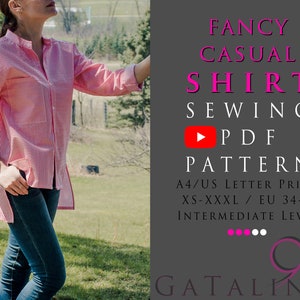 May include: A pink and white striped shirt with a button-up front and long sleeves. The shirt has a pocket on the left side. The text "FANCY CASUAL SHIRT SEWING ► PDF PATTERN A4/US LETTER PRINT XS-XXXL / EU 34-46 INTERMEDIATE LEVEL GATALINLE" is printed on a grey background.