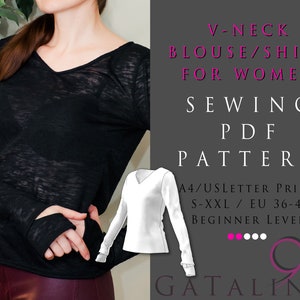 May include: A sewing pattern for a V-neck blouse or shirt. The pattern is for sizes S-XXL (EU 36-44) and is suitable for beginners. The pattern is printed on A4/US Letter paper.