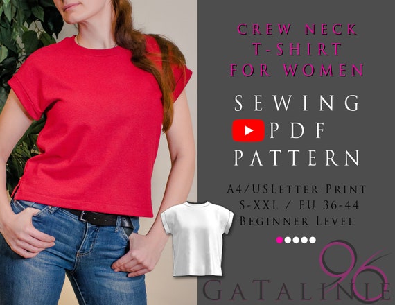 Crew Neck T-Shirt For Women * Casual Style Clothing  * Digital PDF Sewing Pattern Download * US Letter A4 * S-2XL/EU 36-44 * Beginner Level