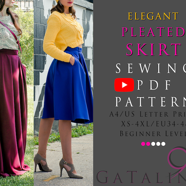 Women Pleated Skirt with Pockets * Maxi & Medium Length * Instant Download Sewing Pattern * US Letter A4 * XS-4XL/EU34-48 * Beginner Level